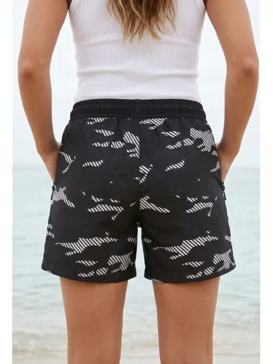 Kadın Deniz Şortu Fermuarlı Cepli File Astarlı Hızlı Kuruyan Premium - Siyah