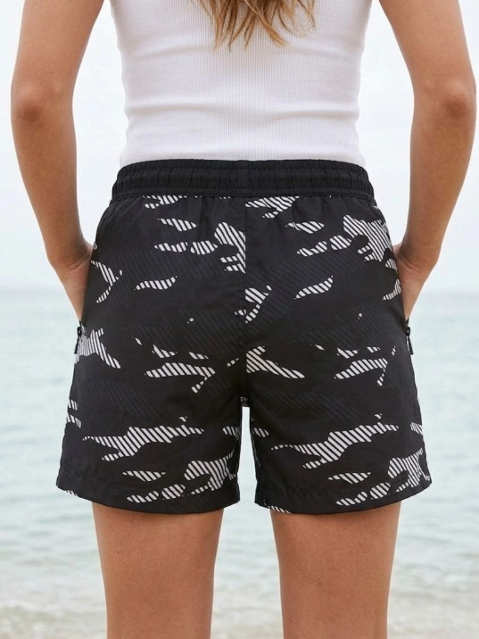 Kadın Deniz Şortu Fermuarlı Cepli File Astarlı Hızlı Kuruyan Premium - Siyah