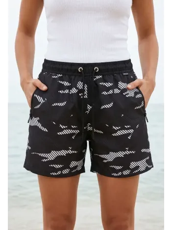 Kadın Deniz Şortu Fermuarlı Cepli File Astarlı Hızlı Kuruyan Premium - Siyah