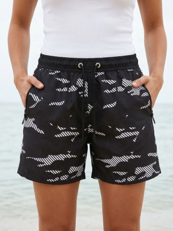 Kadın Deniz Şortu Fermuarlı Cepli File Astarlı Hızlı Kuruyan Premium - Siyah