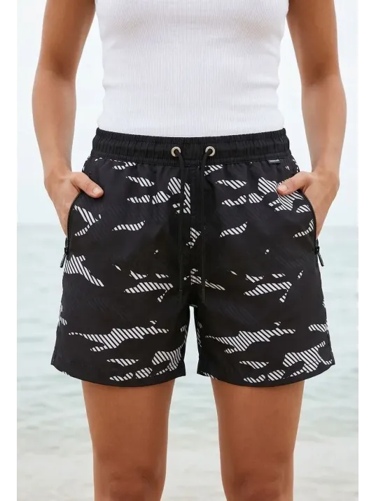 Kadın Deniz Şortu Fermuarlı Cepli File Astarlı Hızlı Kuruyan Premium - Siyah