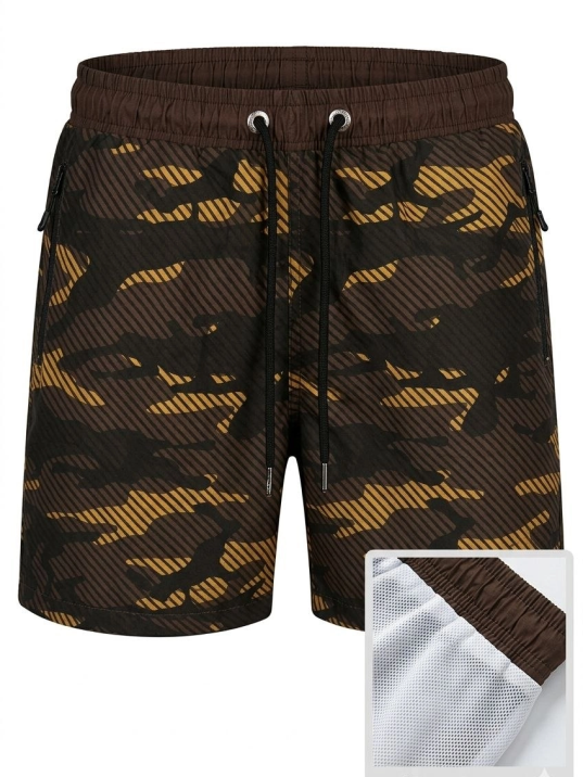 Kadın Deniz Şortu Fermuarlı Cepli File Astarlı Hızlı Kuruyan Premium - Kahverengi