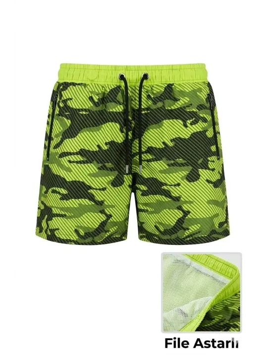 Kadın Deniz Şortu Fermuarlı Cepli File Astarlı Hızlı Kuruyan Premium - Neon Yeşili