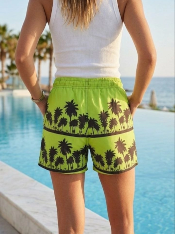 Kadın Deniz Şortu Fermuarlı Cepli File Astarlı Hızlı Kuruyan Premium - Neon Yeşili