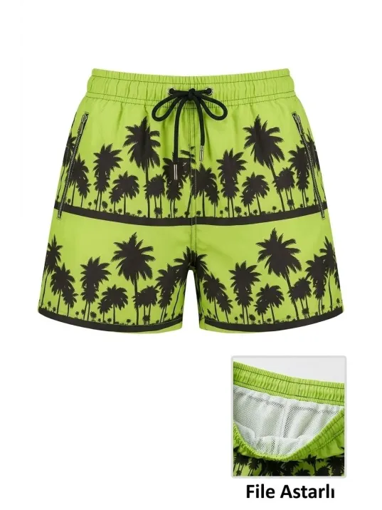 Kadın Deniz Şortu Fermuarlı Cepli File Astarlı Hızlı Kuruyan Premium - Neon Yeşili