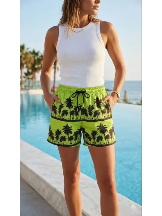 Kadın Deniz Şortu Fermuarlı Cepli File Astarlı Hızlı Kuruyan Premium - Neon Yeşili