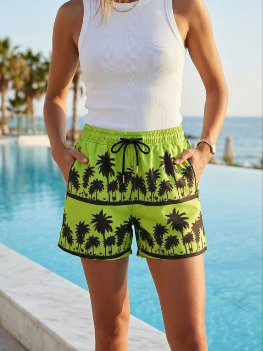 Kadın Deniz Şortu Fermuarlı Cepli File Astarlı Hızlı Kuruyan Premium - Neon Yeşili