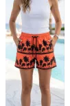 Kadın Deniz Şortu Fermuarlı Cepli File Astarlı Hızlı Kuruyan Premium - Turuncu
