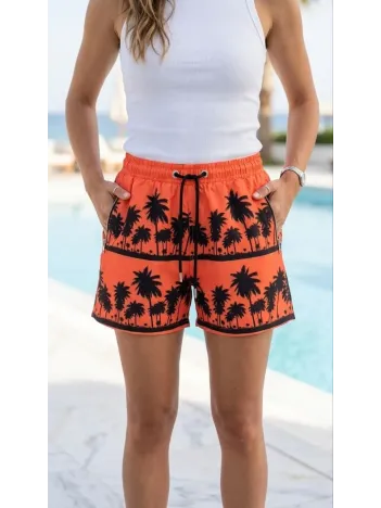 Kadın Deniz Şortu Fermuarlı Cepli File Astarlı Hızlı Kuruyan Premium - Turuncu