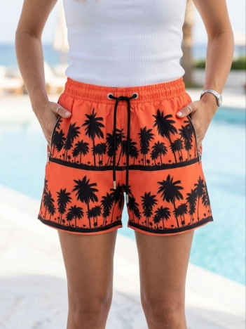 Kadın Deniz Şortu Fermuarlı Cepli File Astarlı Hızlı Kuruyan Premium - Turuncu