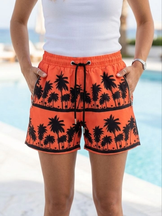 Kadın Deniz Şortu Fermuarlı Cepli File Astarlı Hızlı Kuruyan Premium - Turuncu