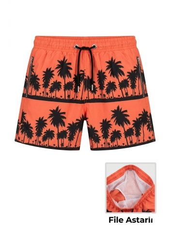 Kadın Deniz Şortu Fermuarlı Cepli File Astarlı Hızlı Kuruyan Premium - Turuncu