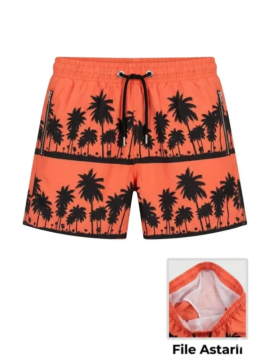 Kadın Deniz Şortu Fermuarlı Cepli File Astarlı Hızlı Kuruyan Premium - Turuncu