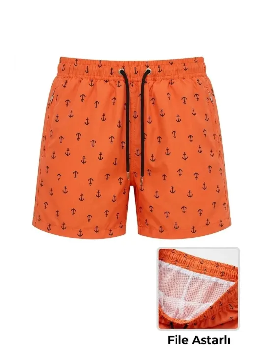 Kadın Deniz Şortu Fermuarlı Cepli File Astarlı Hızlı Kuruyan Premium - Turuncu