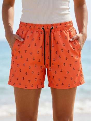 Kadın Deniz Şortu Fermuarlı Cepli File Astarlı Hızlı Kuruyan Premium - Turuncu