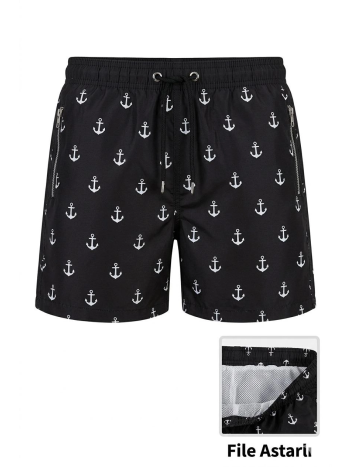 Kadın Deniz Şortu Fermuarlı Cepli File Astarlı Hızlı Kuruyan Premium - Siyah