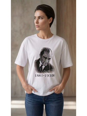 Kadın Atatürk Baskılı Tişört Kısa Kollu Bisiklet Yaka T-shirt - Beyaz