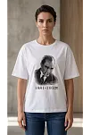 Kadın Atatürk Baskılı Tişört Kısa Kollu Bisiklet Yaka T-shirt - Beyaz