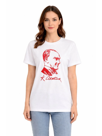 Kadın Atatürk Baskılı Tişört Kısa Kollu Bisiklet Yaka T-shirt - Beyaz