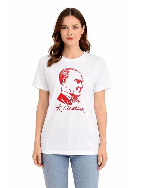 Kadın Atatürk Baskılı Tişört Kısa Kollu Bisiklet Yaka T-shirt - Beyaz