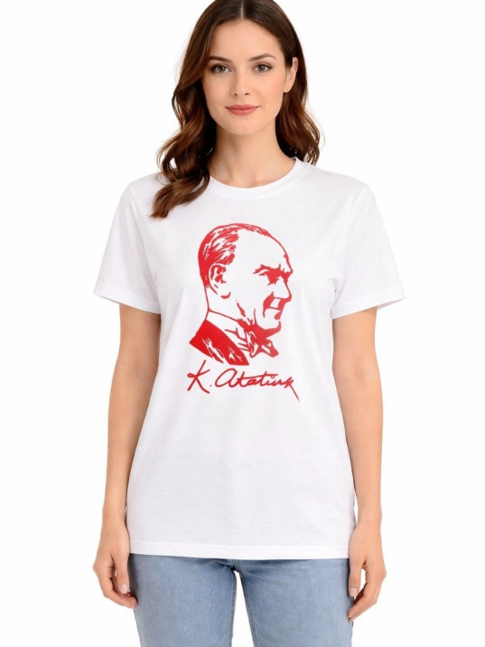 Kadın Atatürk Baskılı Tişört Kısa Kollu Bisiklet Yaka T-shirt - Beyaz