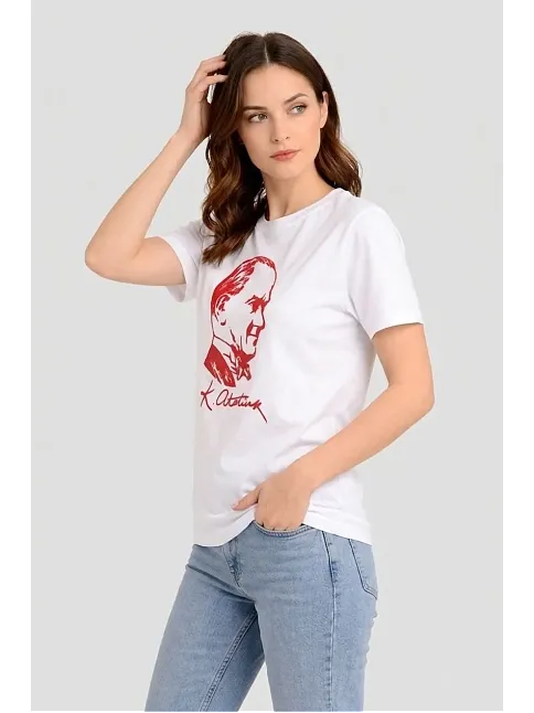 Kadın Atatürk Baskılı Tişört Kısa Kollu Bisiklet Yaka T-shirt - Beyaz