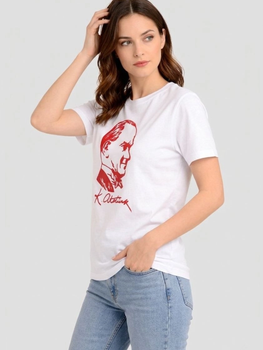 Kadın Atatürk Baskılı Tişört Kısa Kollu Bisiklet Yaka T-shirt - Beyaz