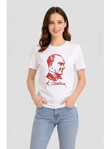 Kadın Atatürk Baskılı Tişört Kısa Kollu Bisiklet Yaka T-shirt - Beyaz