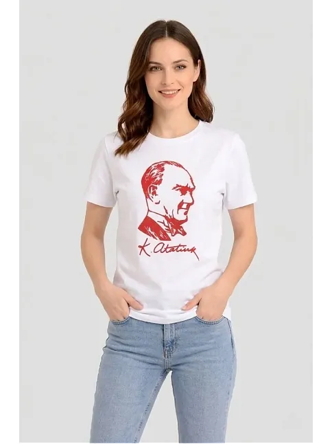 Kadın Atatürk Baskılı Tişört Kısa Kollu Bisiklet Yaka T-shirt - Beyaz