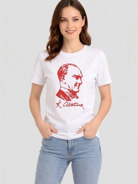 Kadın Atatürk Baskılı Tişört Kısa Kollu Bisiklet Yaka T-shirt - Beyaz