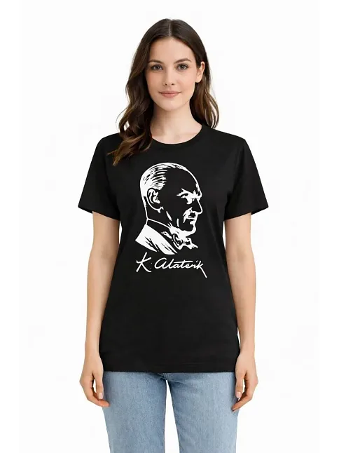 Kadın Atatürk Baskılı Tişört Kısa Kollu Bisiklet Yaka T-shirt - Siyah