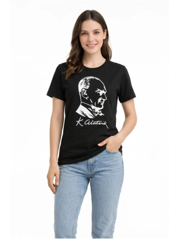 Kadın Atatürk Baskılı Tişört Kısa Kollu Bisiklet Yaka T-shirt - Siyah