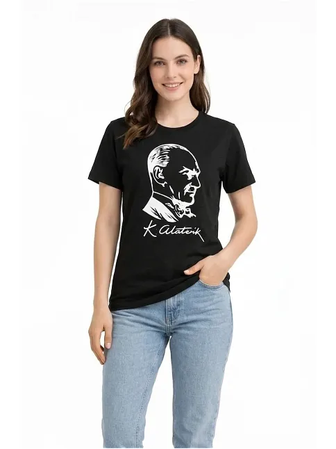 Kadın Atatürk Baskılı Tişört Kısa Kollu Bisiklet Yaka T-shirt - Siyah