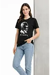 Kadın Atatürk Baskılı Tişört Kısa Kollu Bisiklet Yaka T-shirt - Siyah