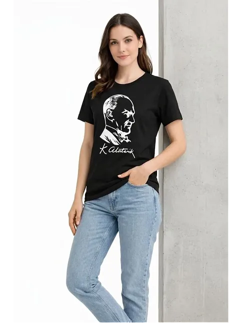 Kadın Atatürk Baskılı Tişört Kısa Kollu Bisiklet Yaka T-shirt - Siyah