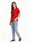 Kadın Atatürk Baskılı Tişört Kısa Kollu Bisiklet Yaka T-shirt - Kırmızı
