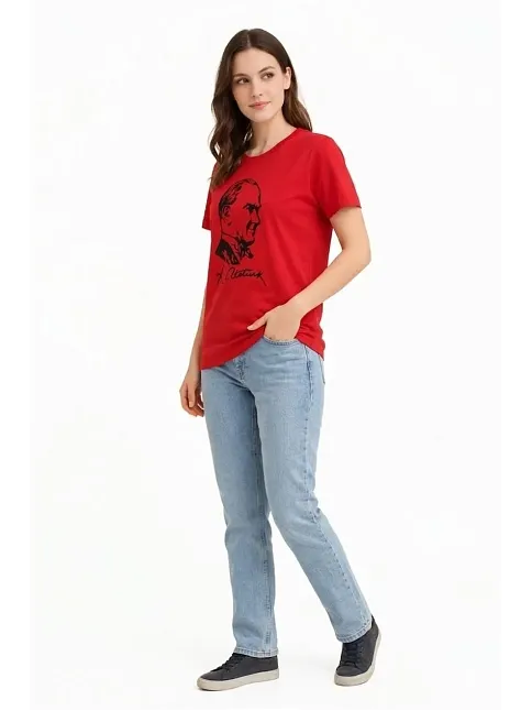 Kadın Atatürk Baskılı Tişört Kısa Kollu Bisiklet Yaka T-shirt - Kırmızı