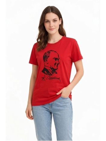 Kadın Atatürk Baskılı Tişört Kısa Kollu Bisiklet Yaka T-shirt - Kırmızı
