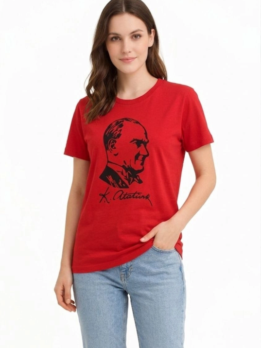 Kadın Atatürk Baskılı Tişört Kısa Kollu Bisiklet Yaka T-shirt - Kırmızı Kadın Atatürk Baskılı Tişört Kısa Kollu Bisiklet Yaka T-shirt - Kırmızı