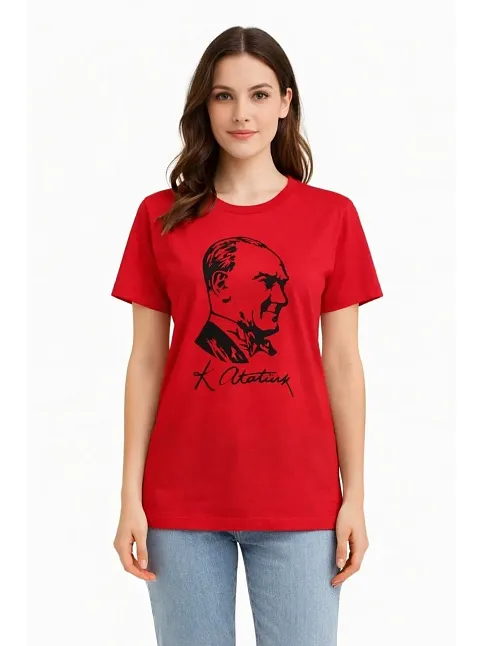 Kadın Atatürk Baskılı Tişört Kısa Kollu Bisiklet Yaka T-shirt - Kırmızı