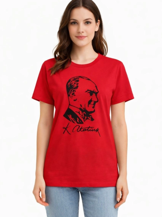 Kadın Atatürk Baskılı Tişört Kısa Kollu Bisiklet Yaka T-shirt - Kırmızı Kadın Atatürk Baskılı Tişört Kısa Kollu Bisiklet Yaka T-shirt - Kırmızı