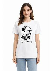 Kadın Atatürk Baskılı Tişört Kısa Kollu Bisiklet Yaka T-shirt - Beyaz