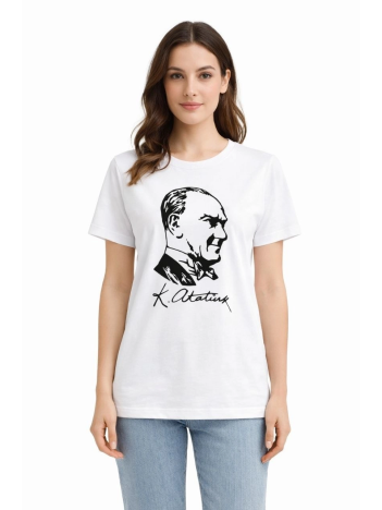 Kadın Atatürk Baskılı Tişört Kısa Kollu Bisiklet Yaka T-shirt - Beyaz Kadın Atatürk Baskılı Tişört Kısa Kollu Bisiklet Yaka T-shirt - Beyaz