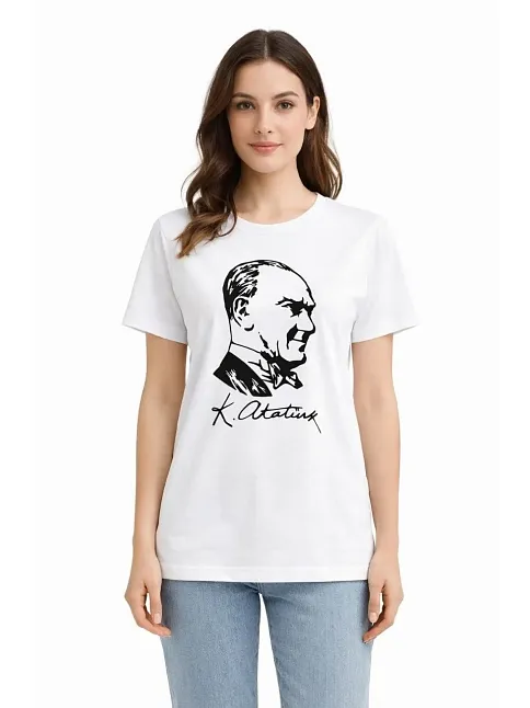 Kadın Atatürk Baskılı Tişört Kısa Kollu Bisiklet Yaka T-shirt - Beyaz