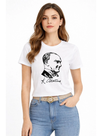Kadın Atatürk Baskılı Tişört Kısa Kollu Bisiklet Yaka T-shirt - Beyaz