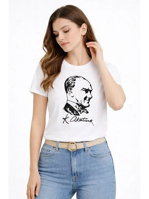 Kadın Atatürk Baskılı Tişört Kısa Kollu Bisiklet Yaka T-shirt - Beyaz