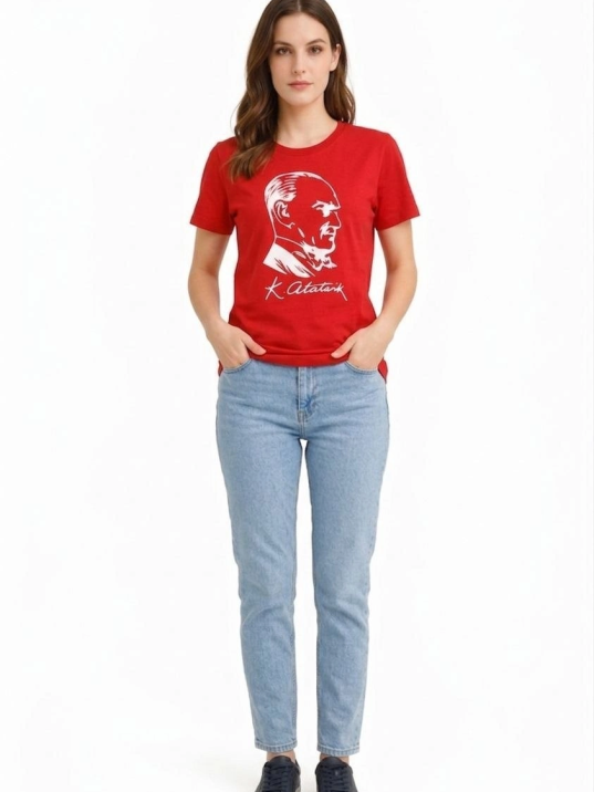 Kadın Atatürk Baskılı Tişört Kısa Kollu Bisiklet Yaka T-shirt - Kırmızı Kadın Atatürk Baskılı Tişört Kısa Kollu Bisiklet Yaka T-shirt - Kırmızı