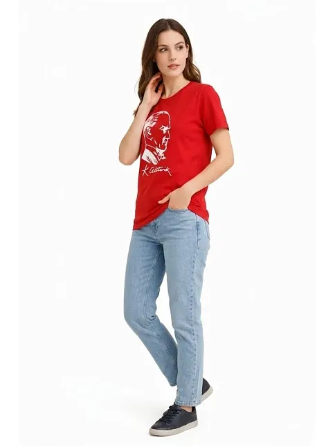Kadın Atatürk Baskılı Tişört Kısa Kollu Bisiklet Yaka T-shirt - Kırmızı