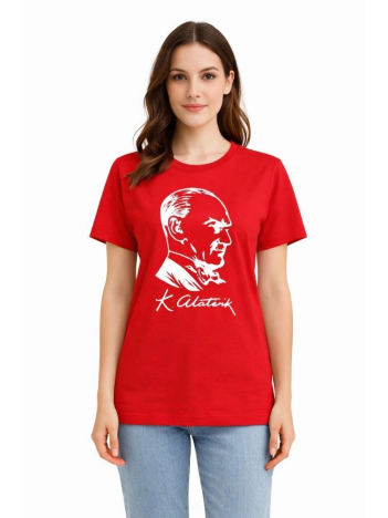 Kadın Atatürk Baskılı Tişört Kısa Kollu Bisiklet Yaka T-shirt - Kırmızı