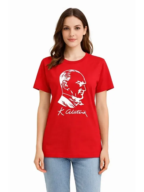 Kadın Atatürk Baskılı Tişört Kısa Kollu Bisiklet Yaka T-shirt - Kırmızı